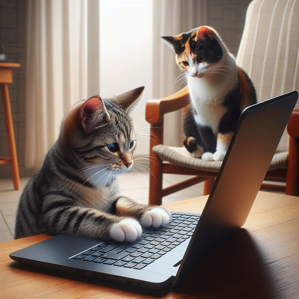 Tabby Cat Hacks Away, Calico Learns in Cozy Home