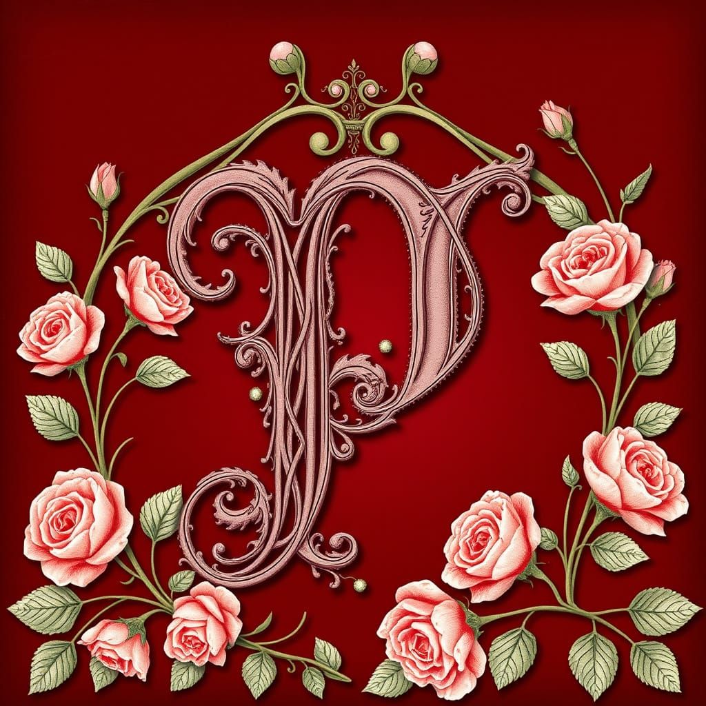 Gothic Victorian Letter P in Red with Pink Roses