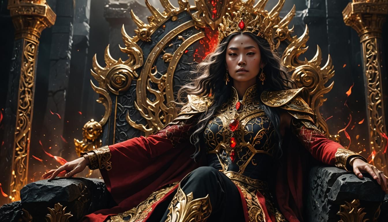 Empress Casting Red Magic in Fantasy Throne Room