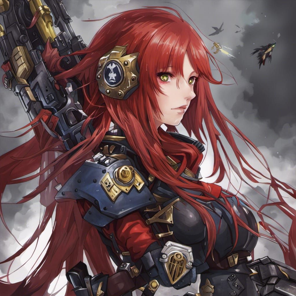 Red-Haired Girl in Warhammer 40K Anime Style