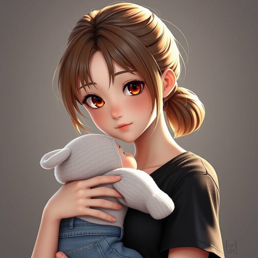 Gentle Anime Mother with Baby in Casual Attire