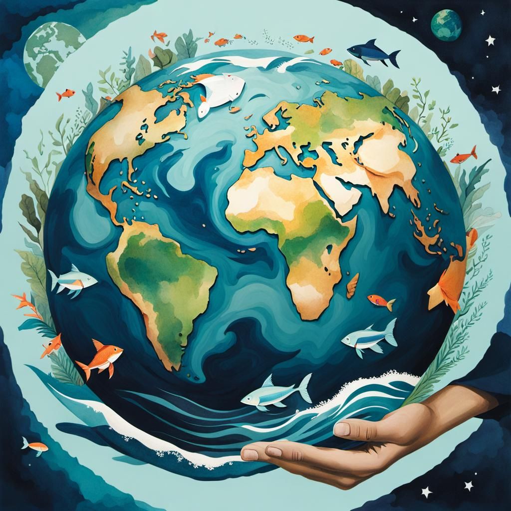 Child Holds Earth Above Ocean Double Exposure