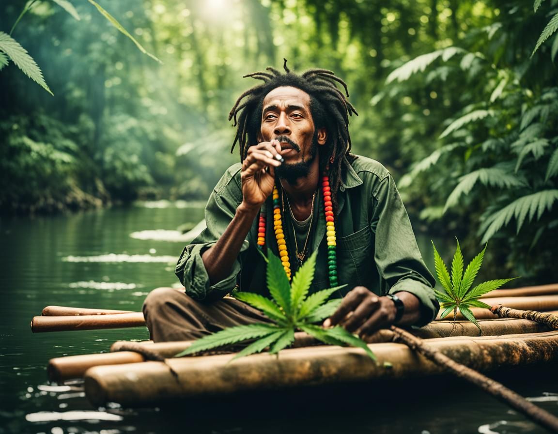 Rasta Man Smoking in Jungle, Naturalistic Portrait