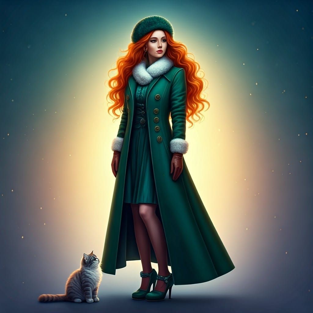 Elegant Woman in Winter Attire, Surrounded by Whimsy