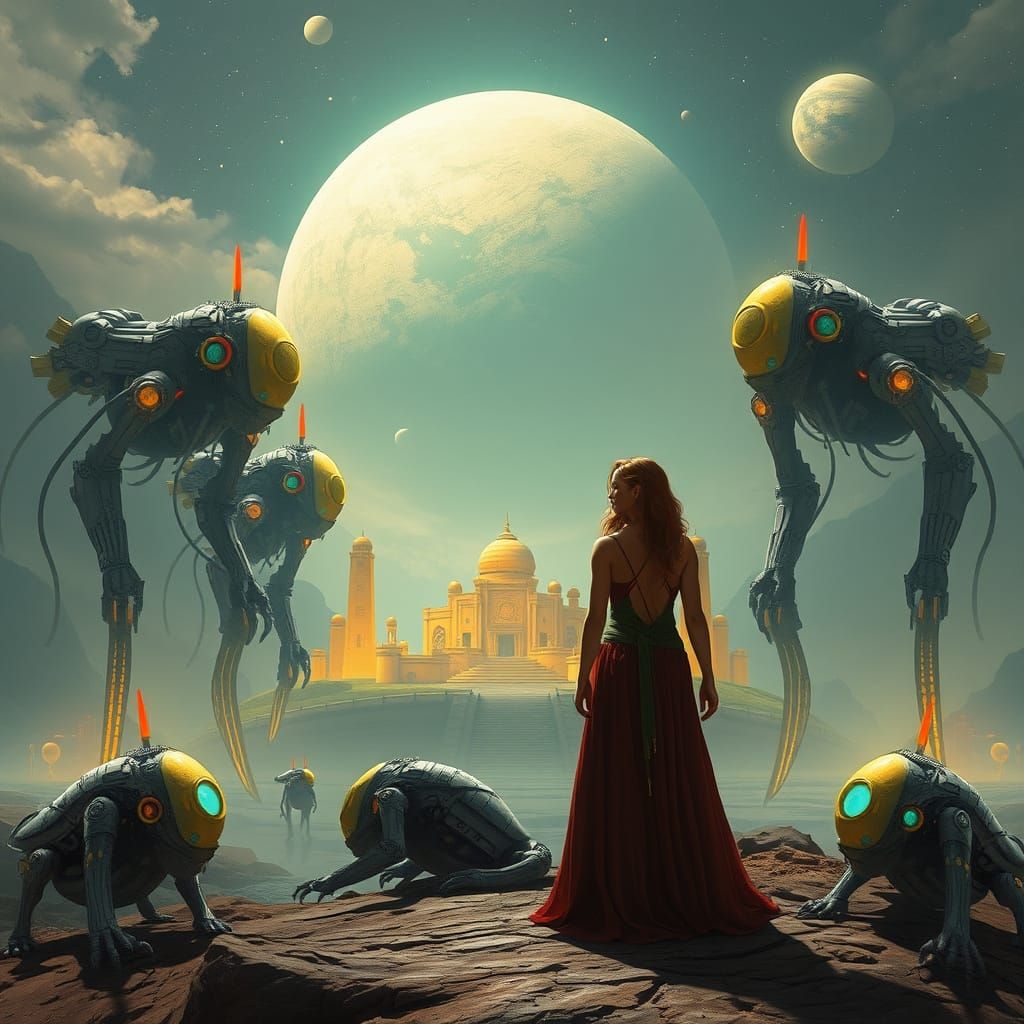 Woman on Distant Planet in Retro-Futuristic Style
