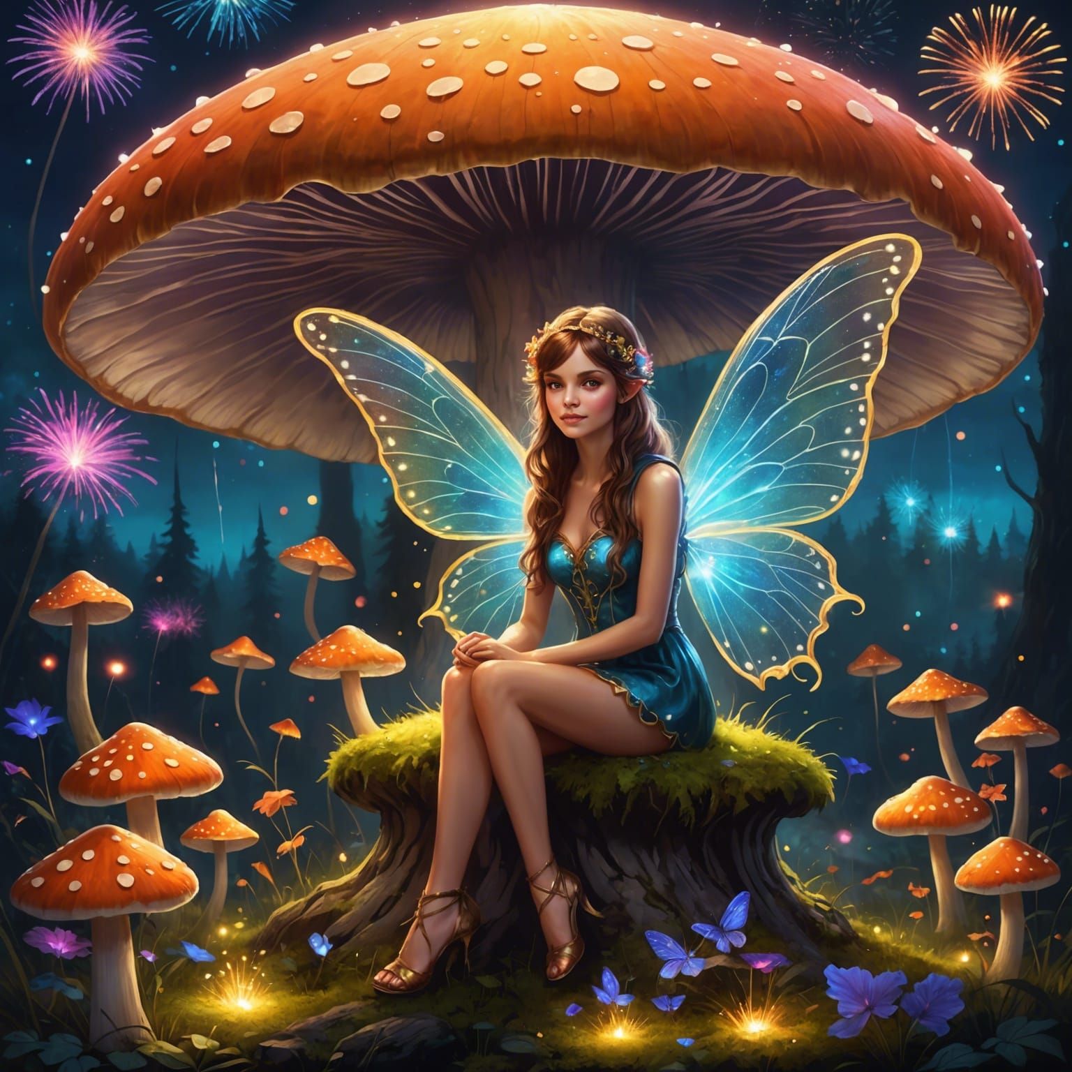 Beautiful Fairy Under Glowing Mushroom: Fantasy Art