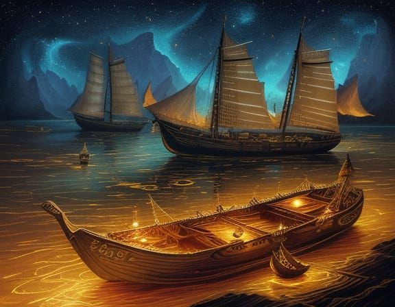 Surreal Miniature Glowing River with Tiny Boats in Oil Paint...