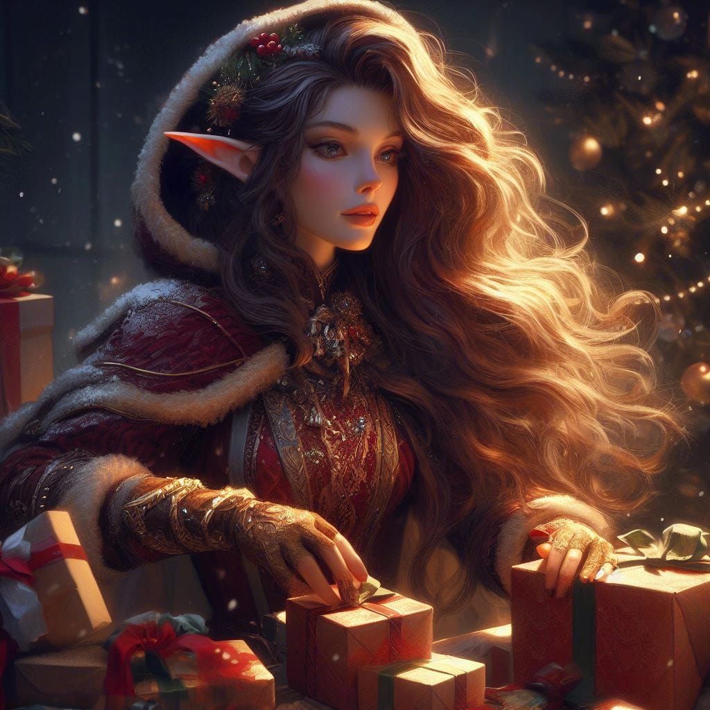Fair Elven Christmas Maiden Prepares Presents