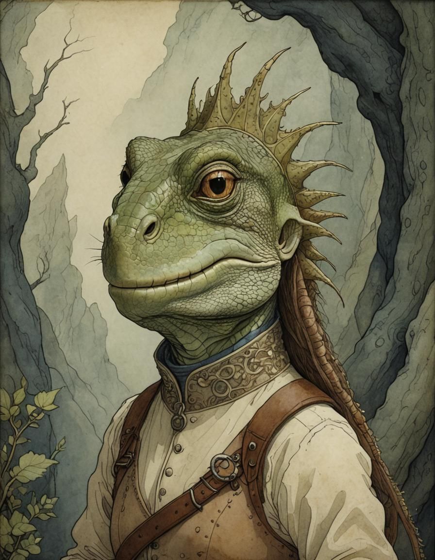 Cheerful Lizard Adventurer Portrait in Fairytale Style