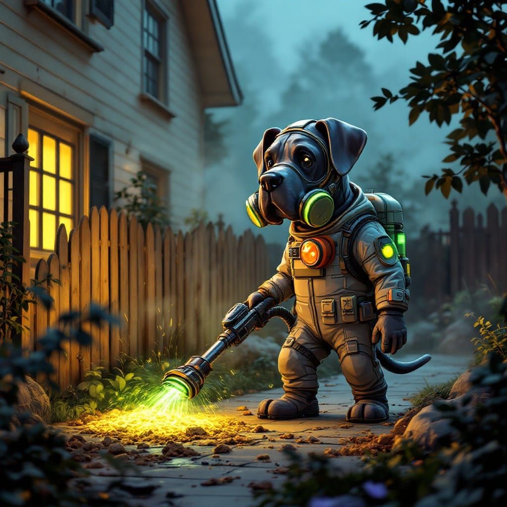 Chibi Great Dane in Hazmat Suit Sucks Up Dog Waste