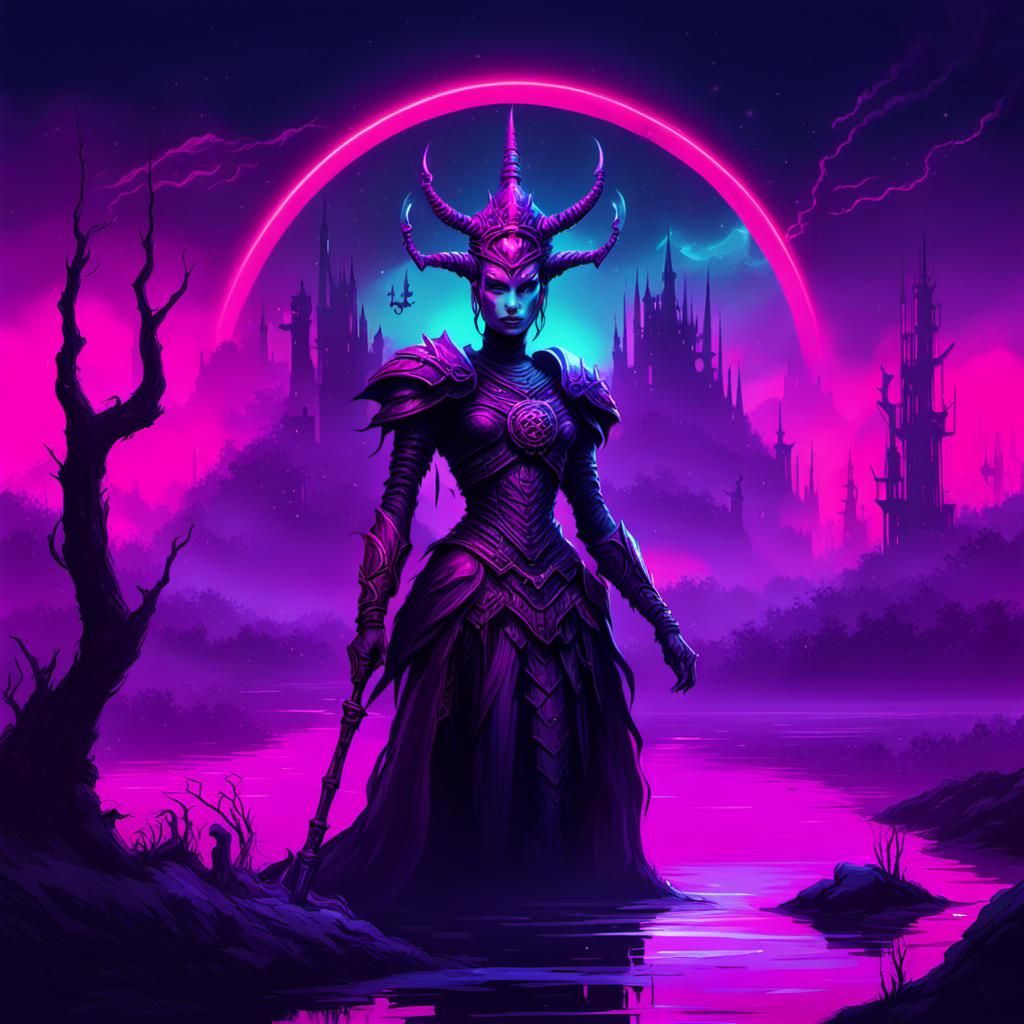 Sheoldred, Dark Queen in Synthwave Style