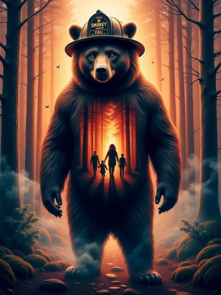 Smokey Bear in Burning Forest: Surreal Art