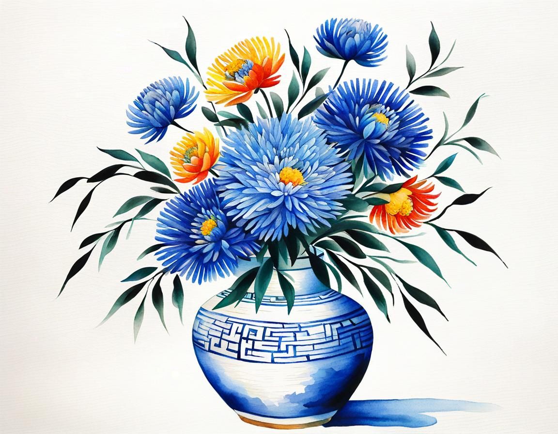 Blue Asters: Chinese Ink Cubist Painting