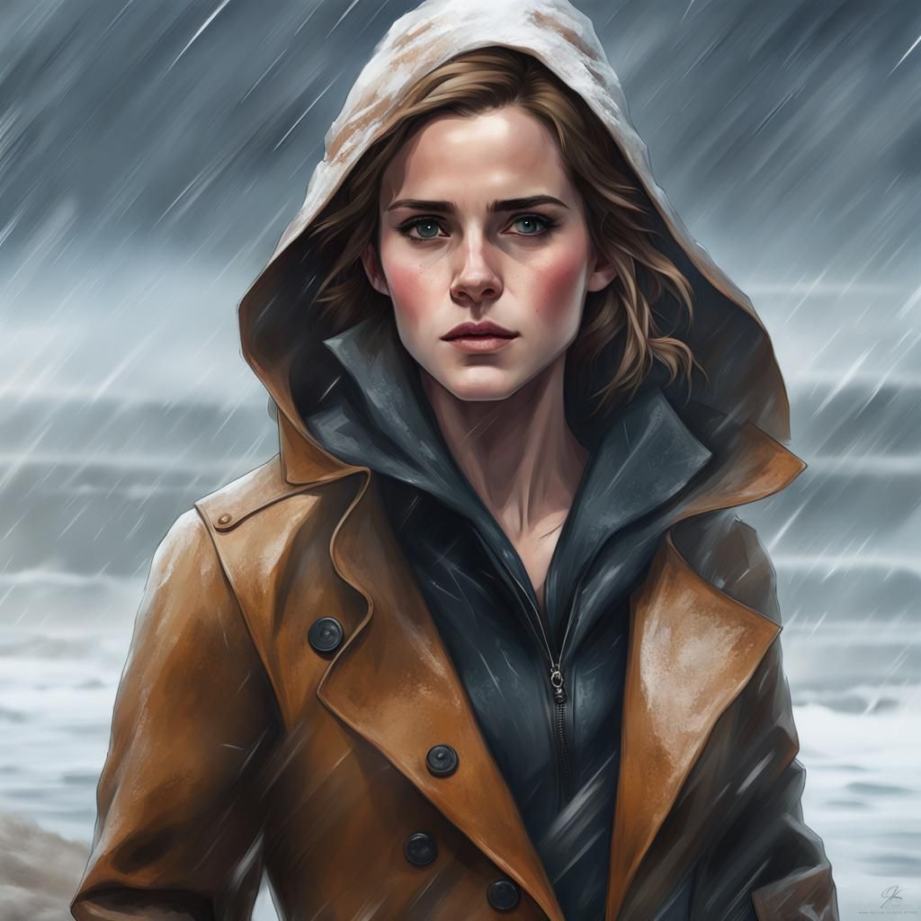 Woman in Leather During Snow Storm: Digital Art