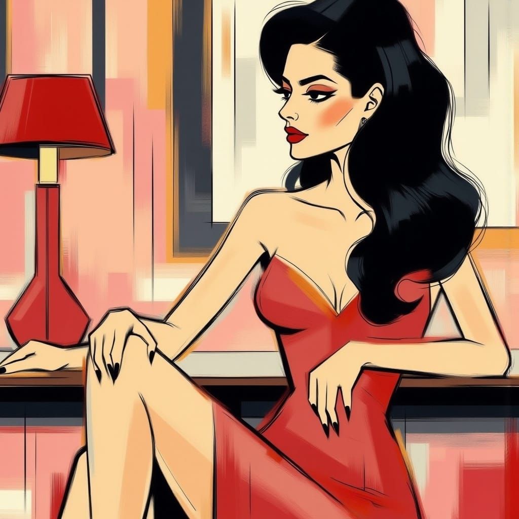 Elegant 1980s Woman in Comic Style Illustration