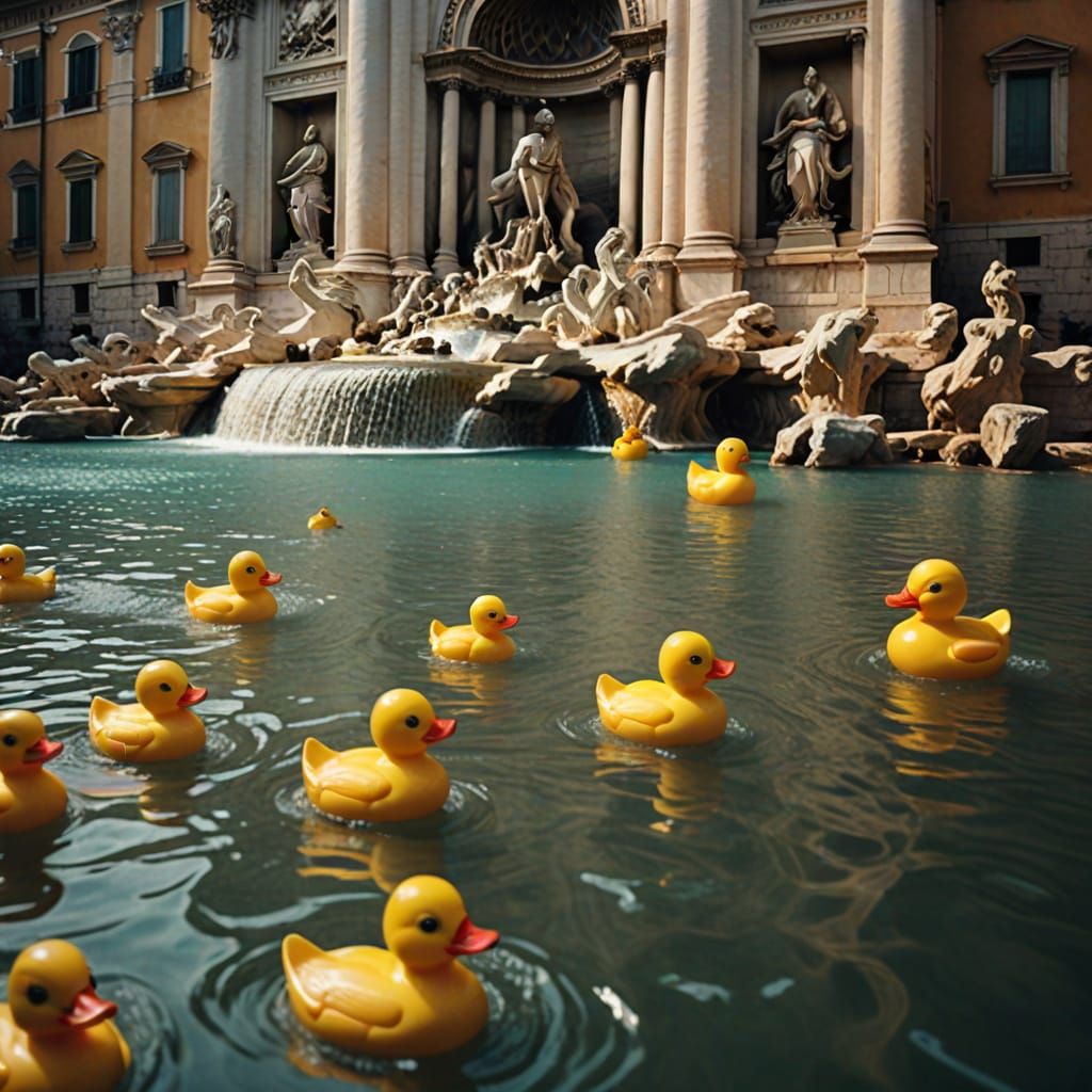 Quirky Family of Rubber Ducks in the Trevi Fountain