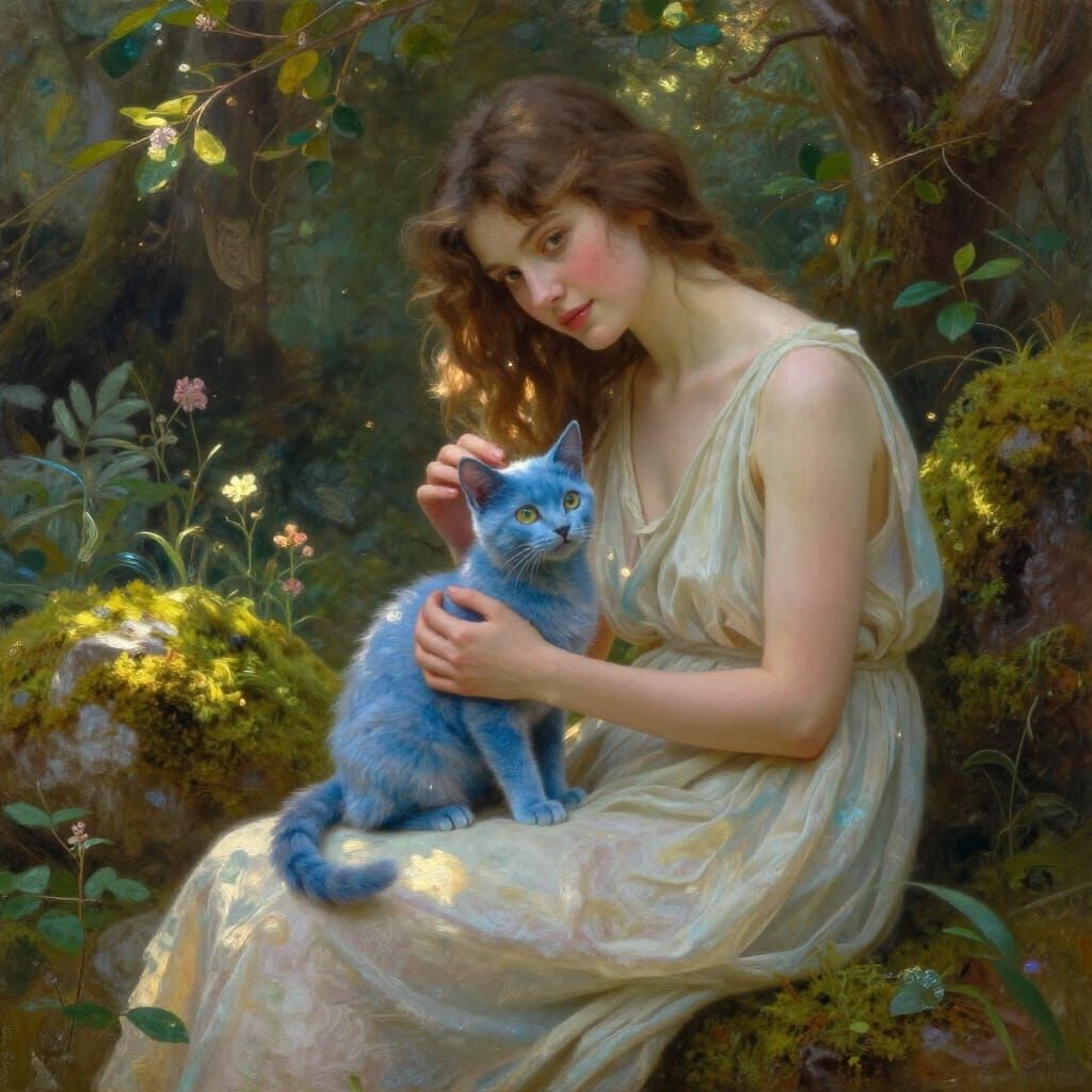 Woman Tenderly Caressing Tiny Blue Cat in Forest Glade