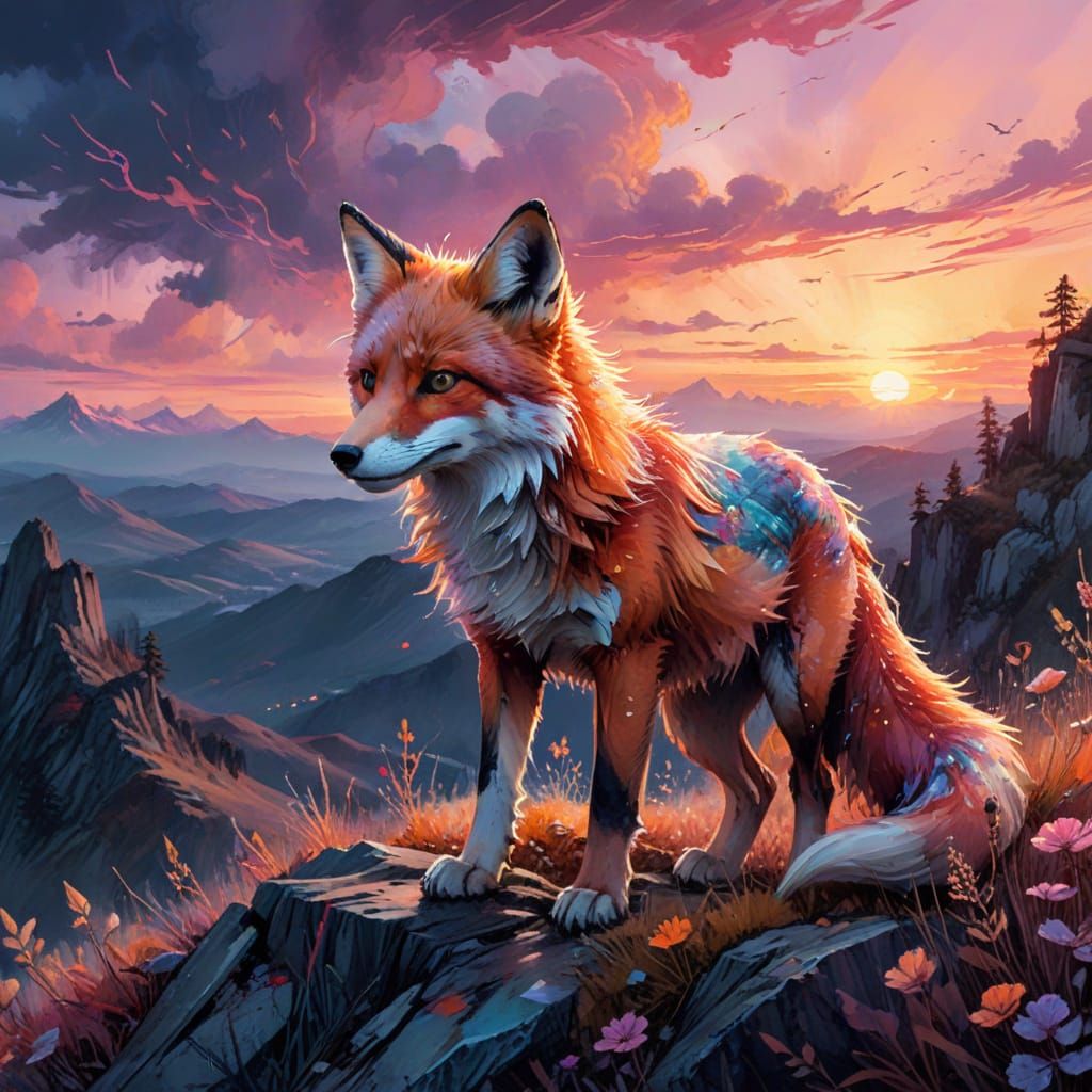 Epic Watercolour Illustration of a Crimson Fox on Dusk Ridge