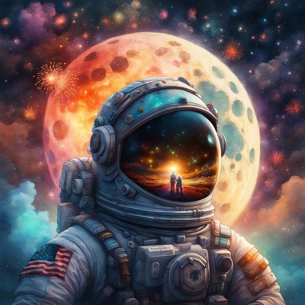 Astronaut on Moon with Glass Helmet in Watercolor