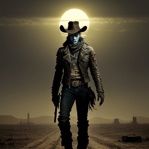 Lone Cowboy and Alien Worm in Retro Sci-Fi Style