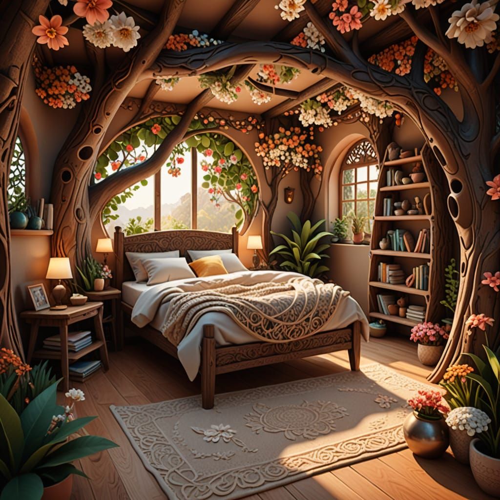 Cozy Bedroom Inside a Flowering Tree in Whimsical 3D Style