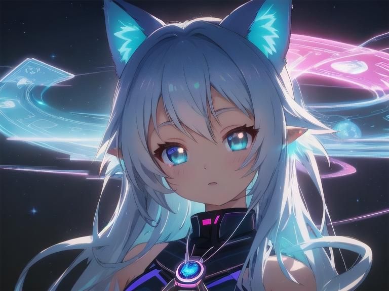 Neon Cyberpunk Catgirl Singing with Celestial Patterns