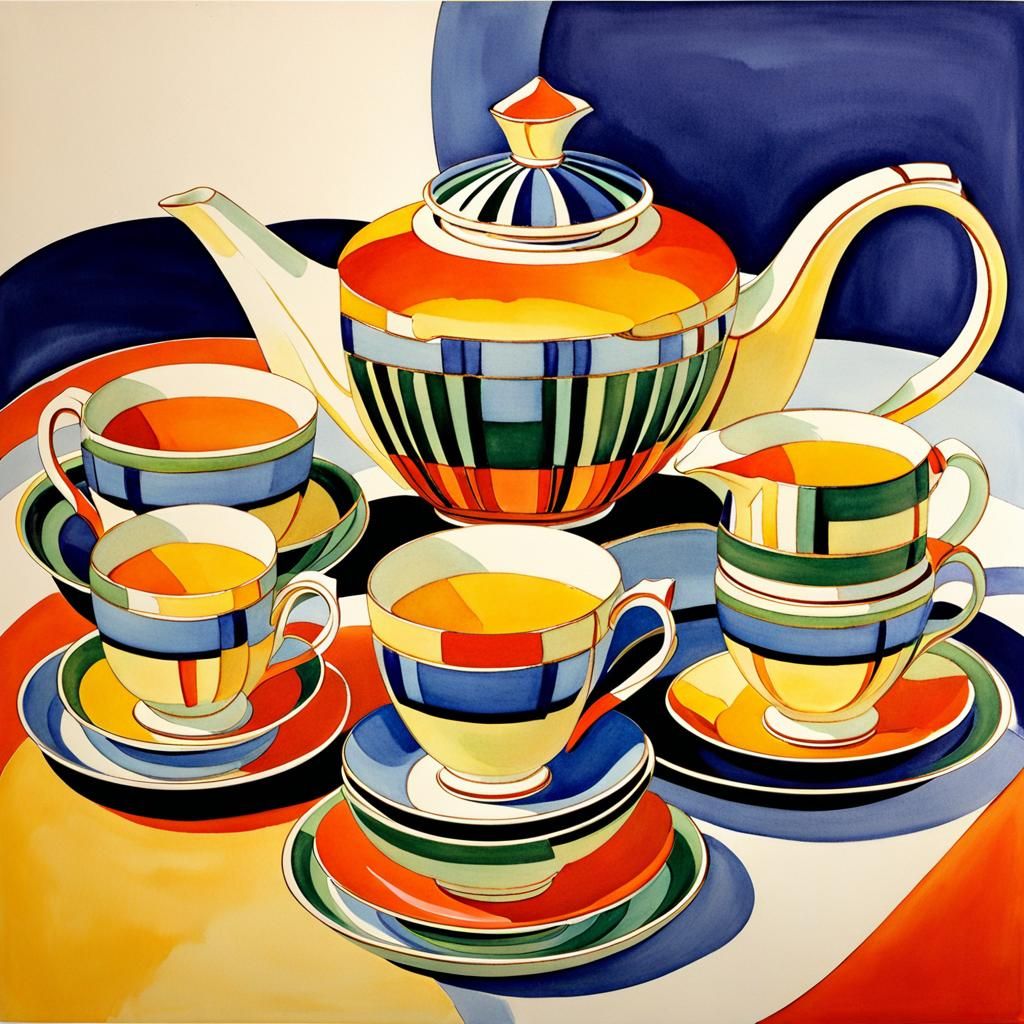 Art Deco Clarice Cliff Tea Set Watercolor