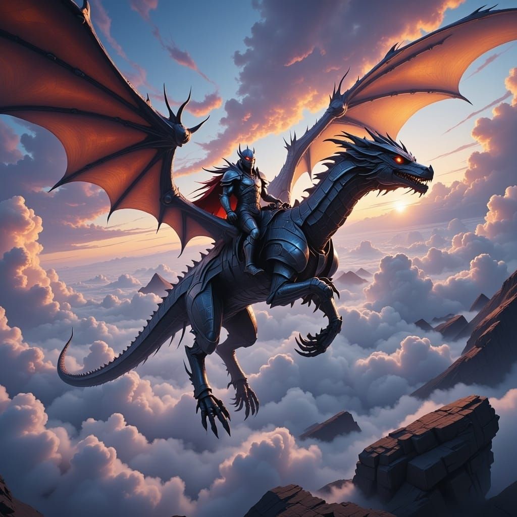 Heroic Warrior on Dragon in Fantasy Landscape