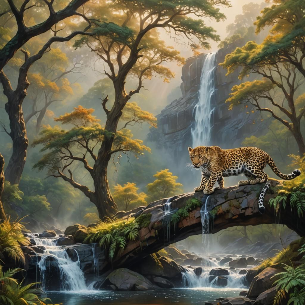 Leopard at Majestic Waterfall: Fauvist Oil Painting