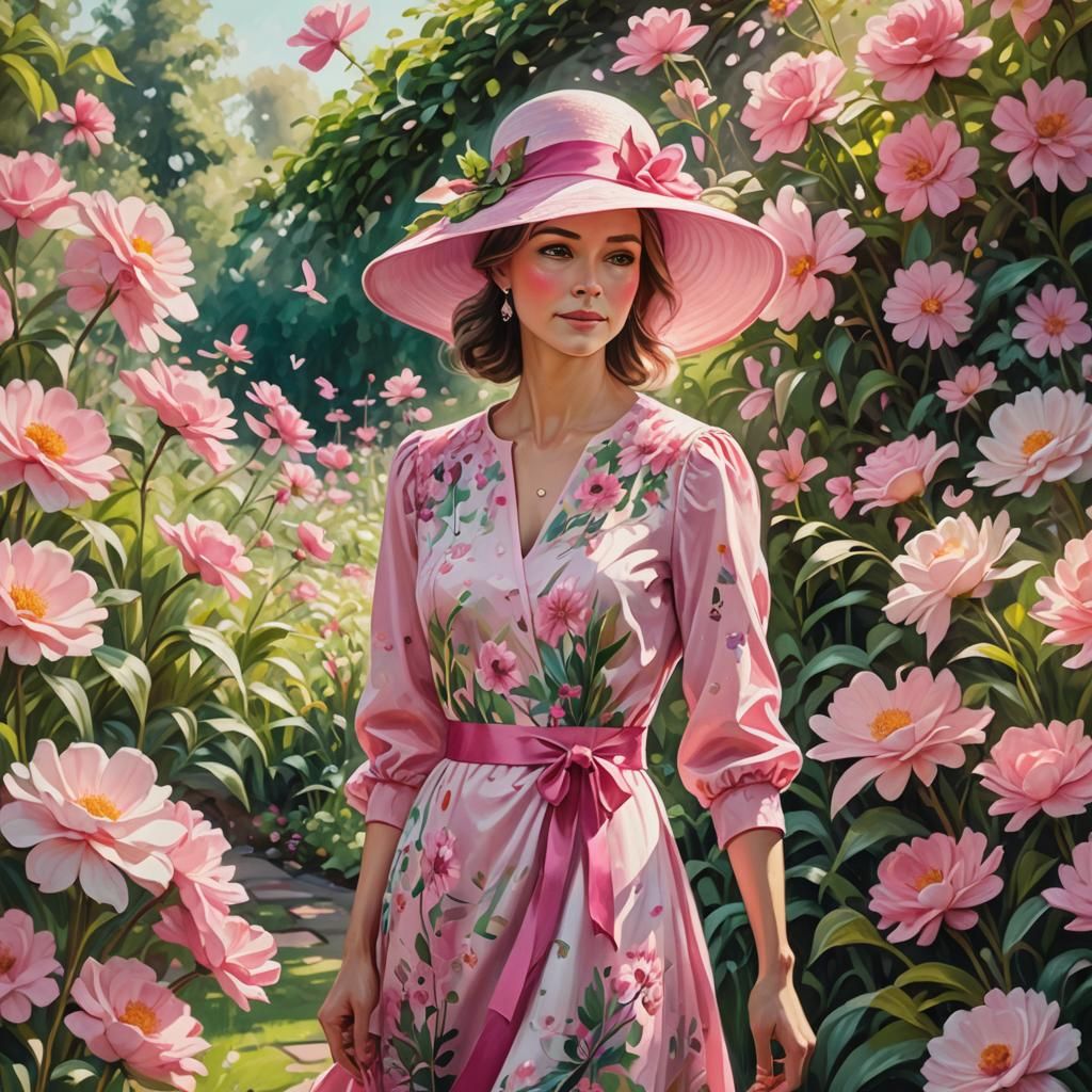 Woman in Pink Dress in a Blooming Garden