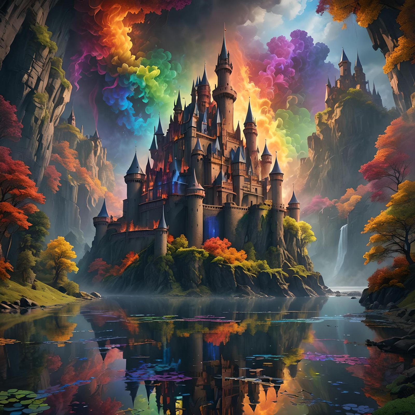 rainbow flame fractal background with large castle by a rive...