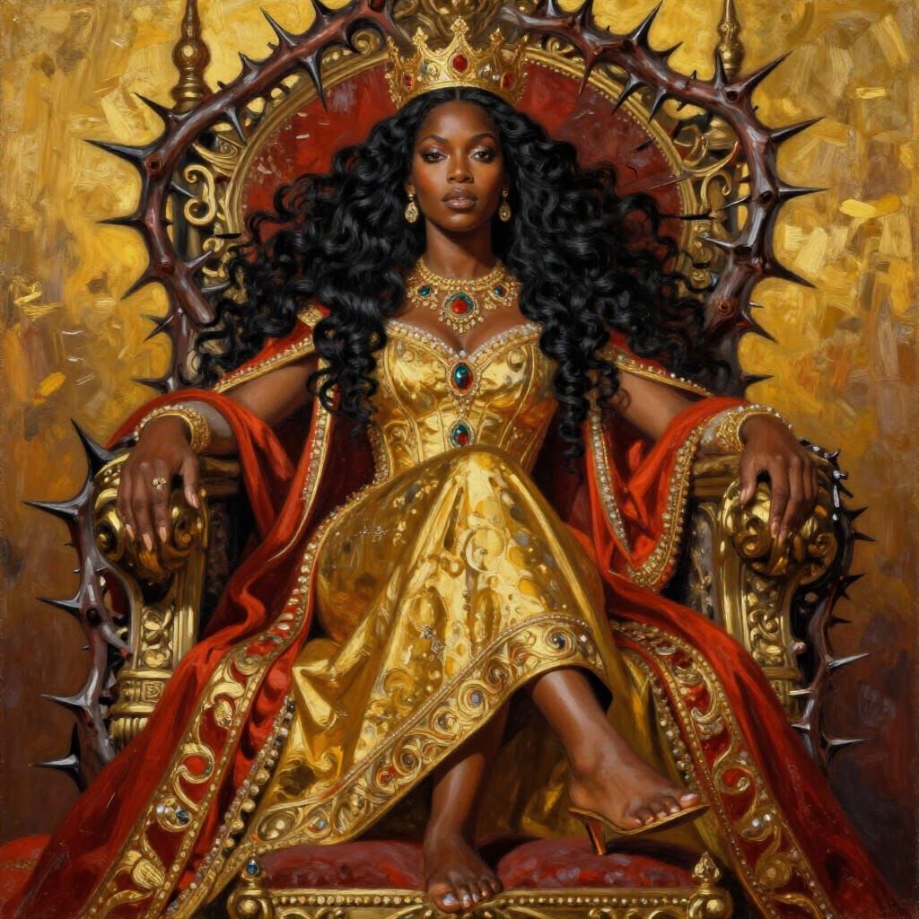 Regal Black Queen on Thorn Throne in Golden Hour Oil Paintin...