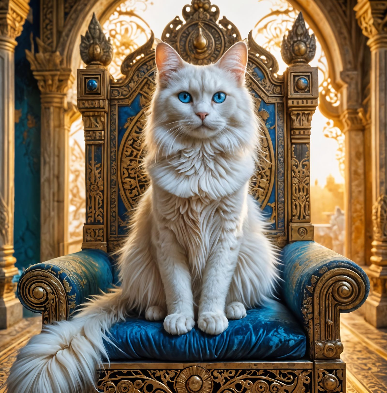 Balinese Cat King on Javanese Throne, Solarpunk Painting