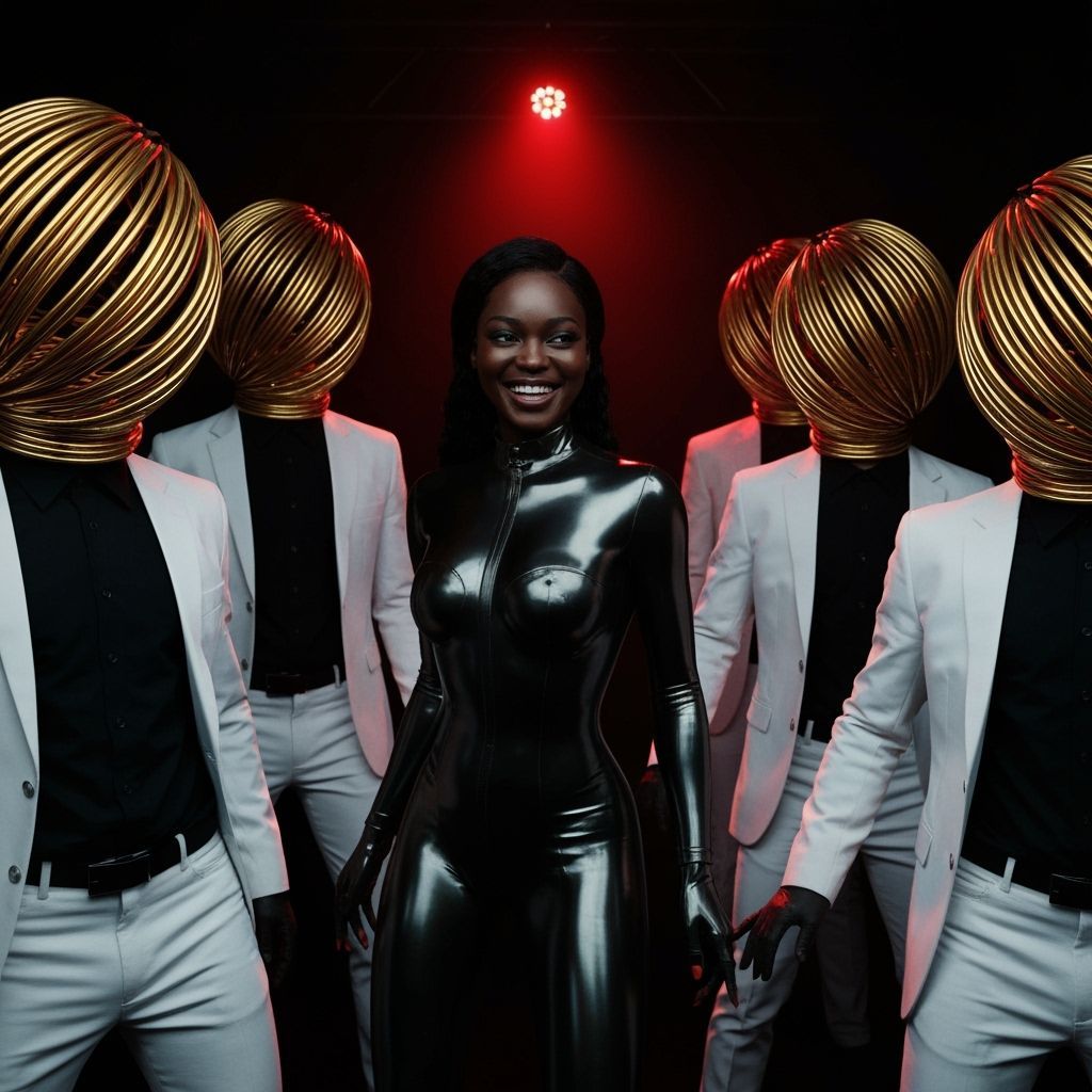 Woman in Metallic Latex Amidst Gold Wire Heads