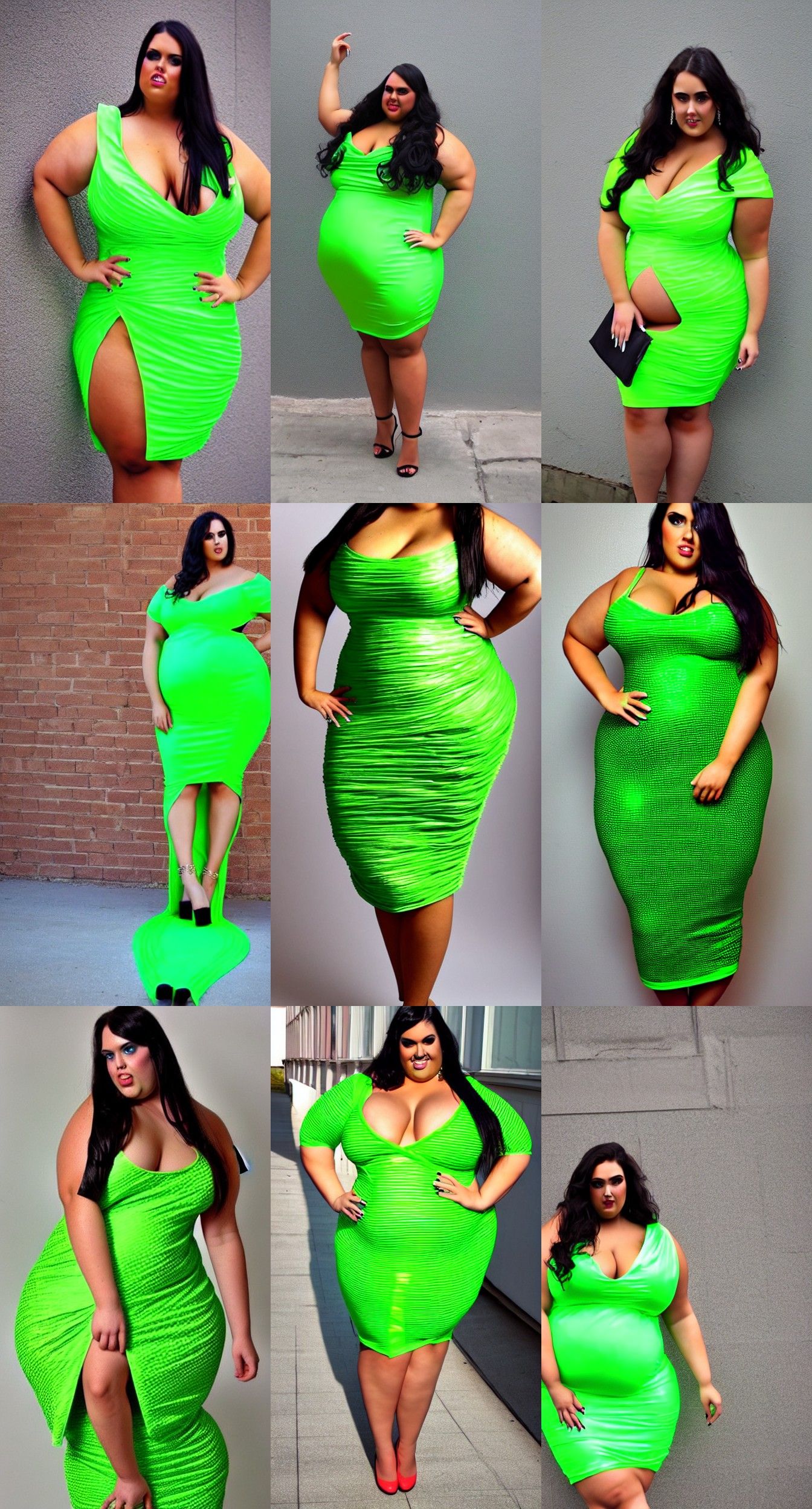 Curvy Brunette Model in Neon Green Dress