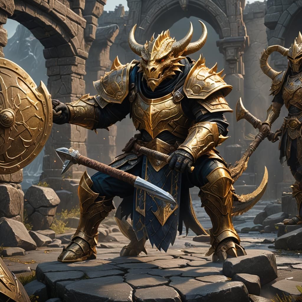 Gold Dragonborn Warrior with Hammer, Fantasy Art