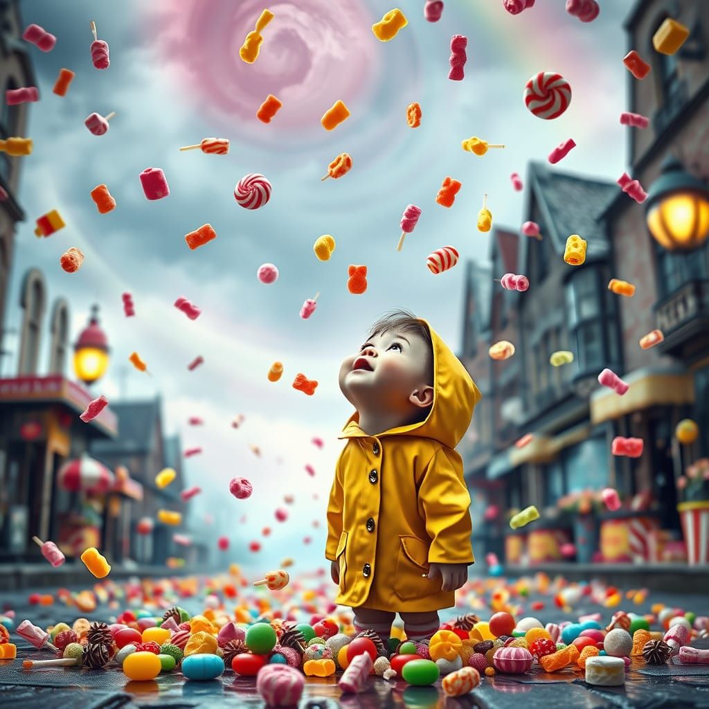 Whimsical Child in Candy Rain