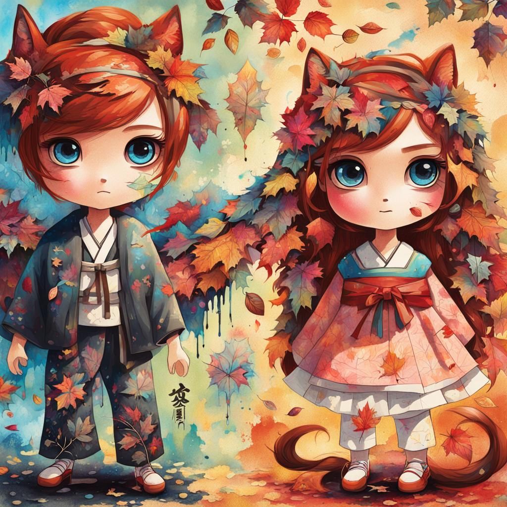 Autumn Hanbok Graffiti Art of a Tall Redhead