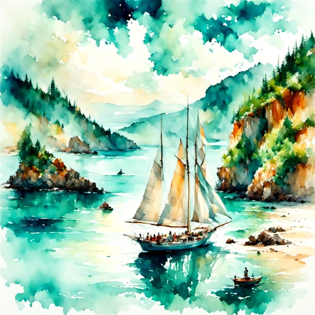 Sailboat Anchored in Turquoise Waters as Watercolor