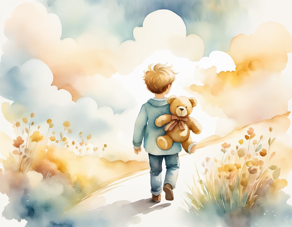 Whimsical Boy and Teddy Bear in Watercolor