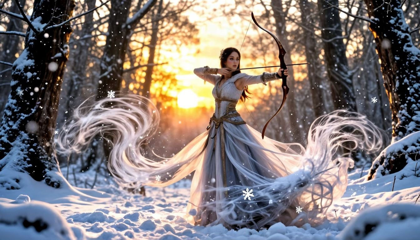 Archer Elf Lady in Snow Blizzard at Sunset