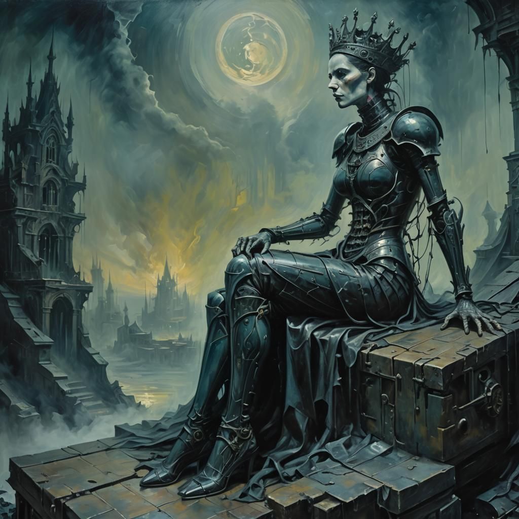 Gothic Queen on Throne in Dark Surrealist Oil Painting