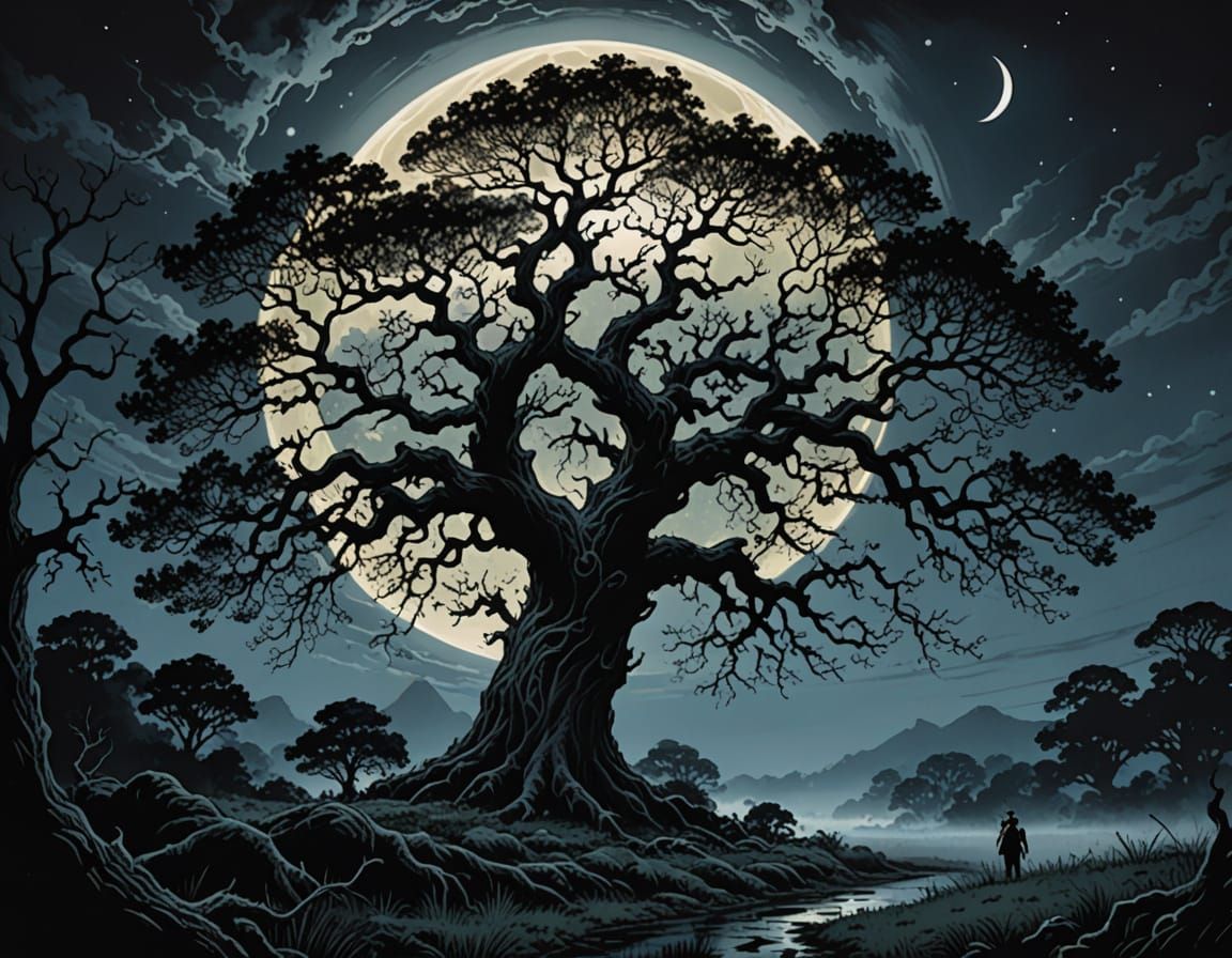 Oak Tree Silhouette in Moonlight, Dark Fantasy Style