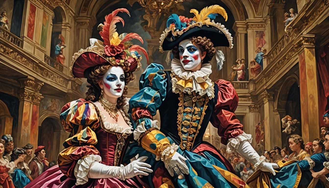 Harlequin and Columbina Embrace in Baroque Opera