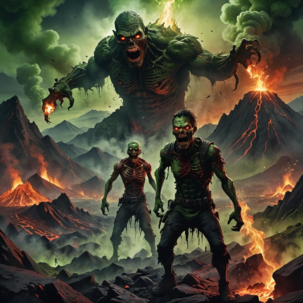 Zombie Dances on Volcano in Dark Fantasy Style