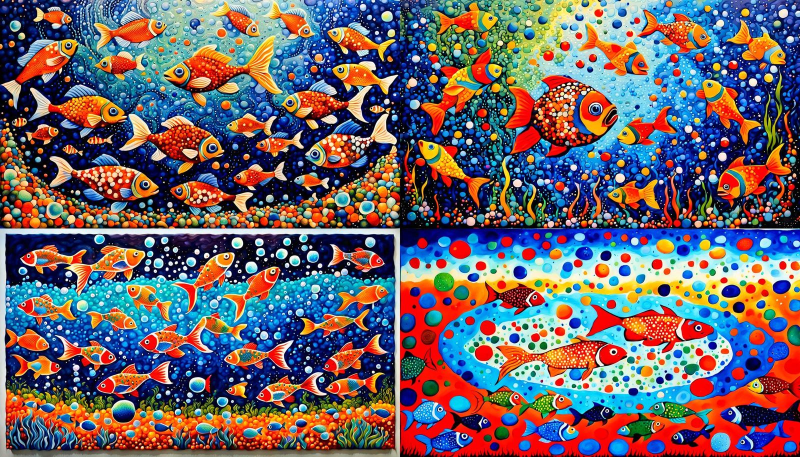 Fish-People Dance on Land: Pointillist Acrylic Painting
