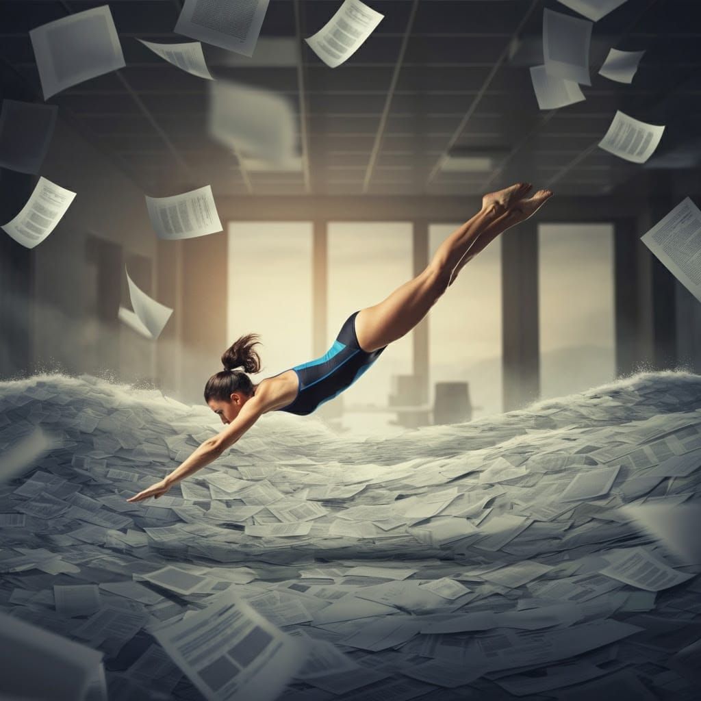 Woman Dives into Paperwork Sea in Chiaroscuro
