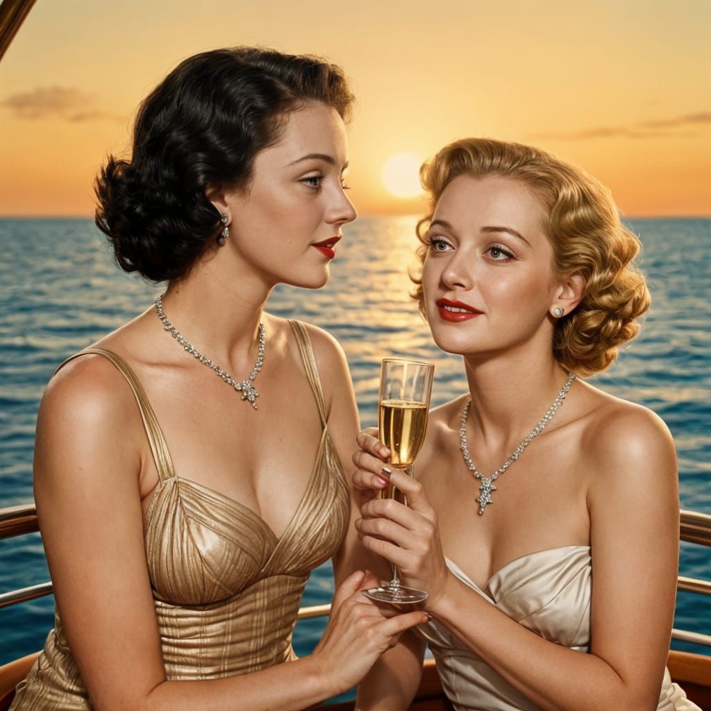 Vintage Hollywood Stars Sipping Champagne on a Luxurious Yac...