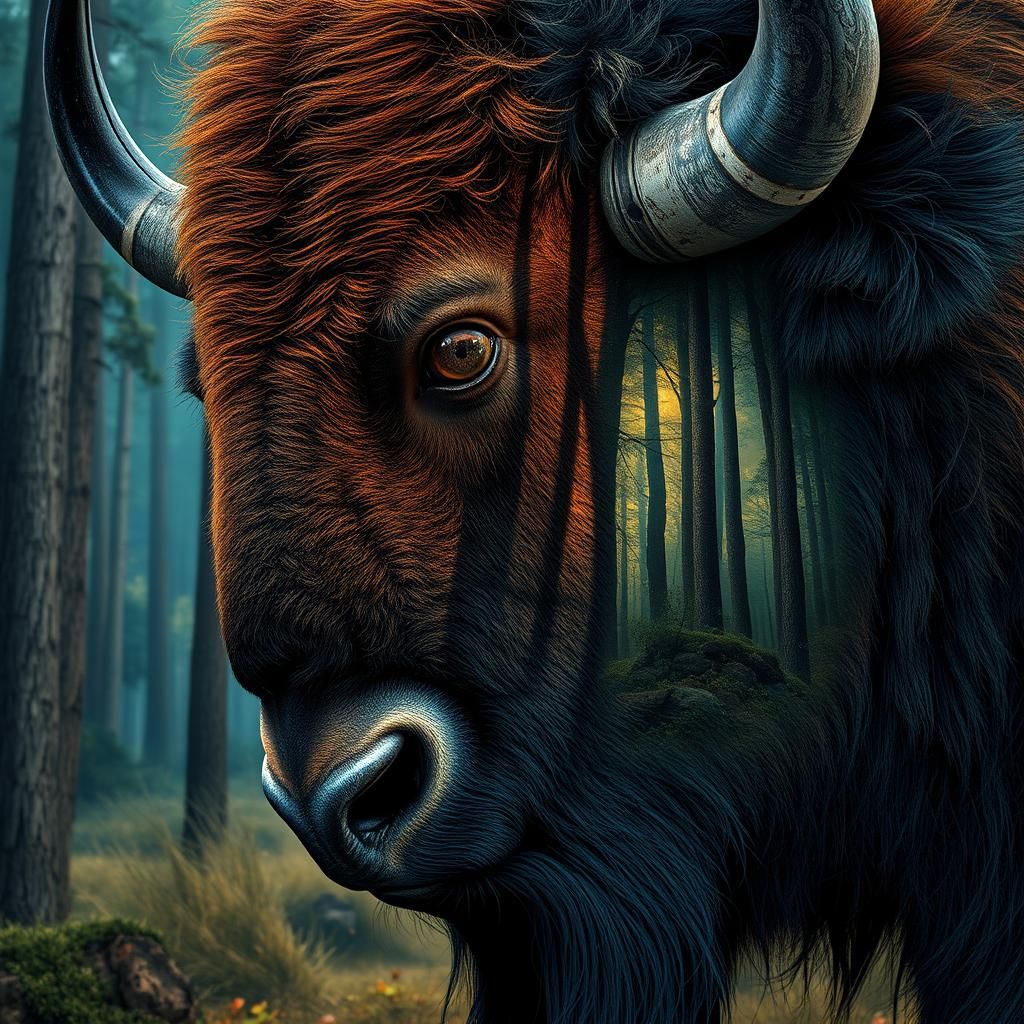 Bison Forest Fusion: A Surreal Photorealistic Portrait