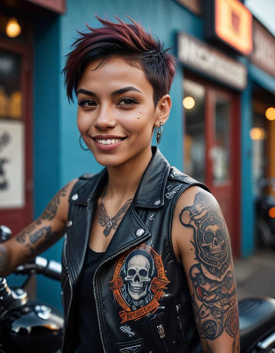 Vibrant Biker Bar Portrait in Photorealistic Style